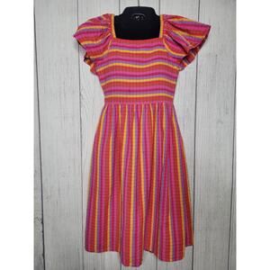 Multicolor Striped Angel Sleeve Square Neck Open Back Juniors Dress
